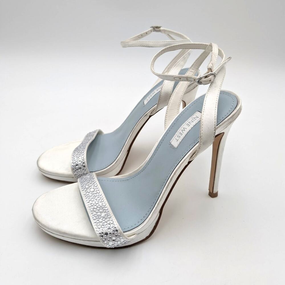 Nine West Loola Ankle Strap Sandal Women's White Satin Size US7M EU37.5